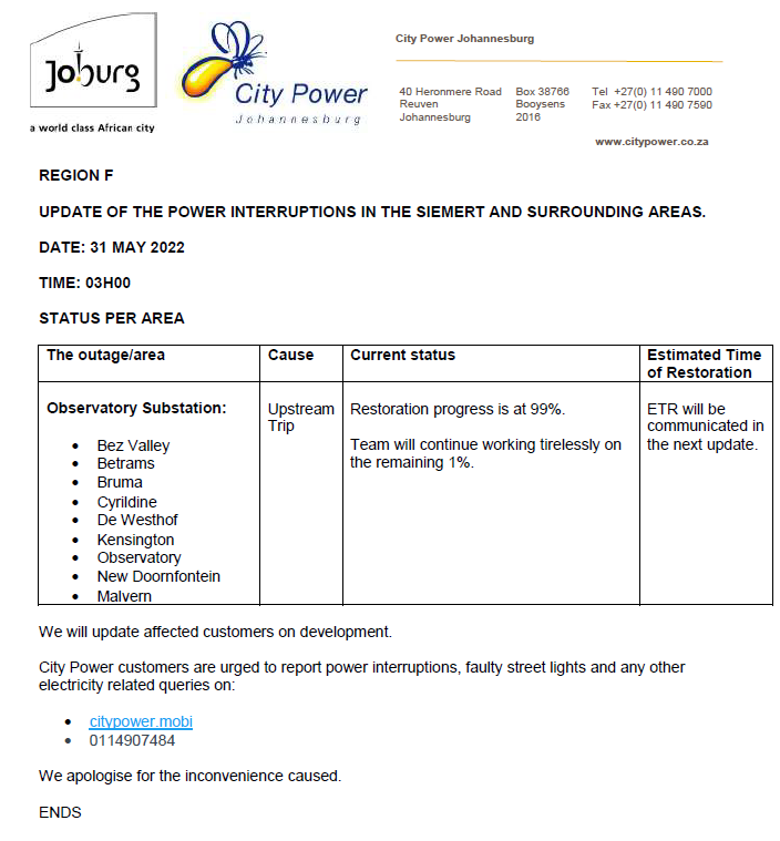 CityPowerJhb's tweet photo. Region F #Siemert

99% supply has been restored to customers feeding from #ObservatorySubstation this includes areas in #BezValley #Observatory #NewDoornfontein #Kensington ^DR https://t.co/TYf9JtQdU1