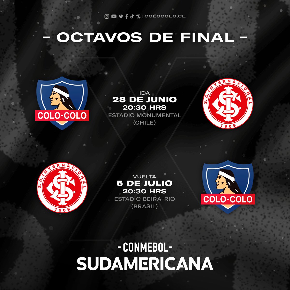 ColoColo's tweet photo. 📆 Programación Copa Sudamericana 

Así jugaremos la llave de octavos de final ante Internacional 🇧🇷, ¡vamos todos juntos! 💪🏼⚪️⚫️ https://t.co/zXTbsm0lIK
