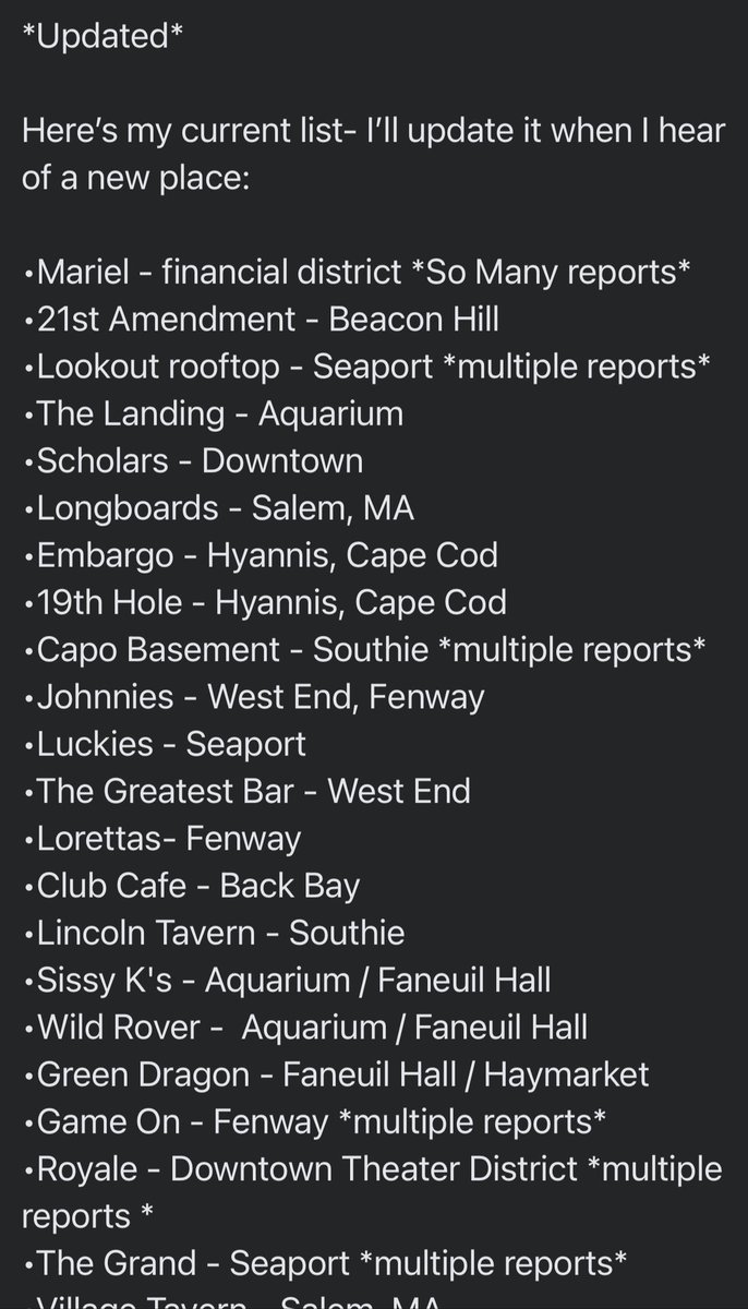 bostonliferhome's tweet photo. @OnlyInBOS Here is a list that is actually still growing of where this has happened to not just women but men as well.  Asterisked ones are the ones where it has happened more than once! https://t.co/mn0YWJsUhf