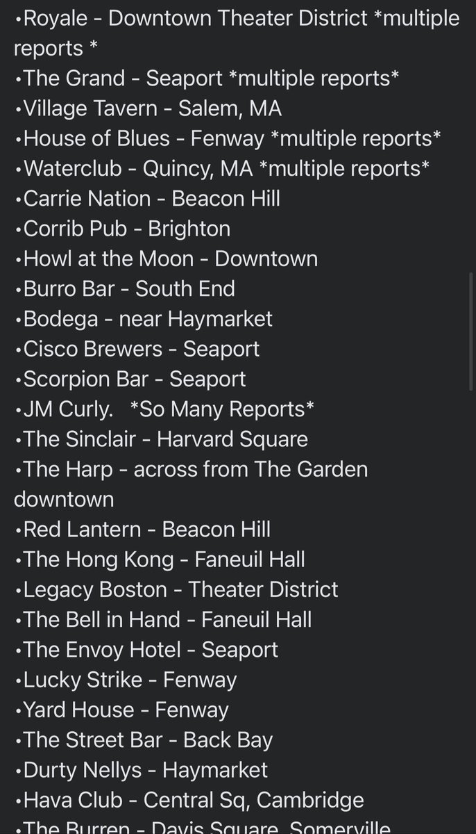 bostonliferhome's tweet photo. @OnlyInBOS Here is a list that is actually still growing of where this has happened to not just women but men as well.  Asterisked ones are the ones where it has happened more than once! https://t.co/mn0YWJsUhf