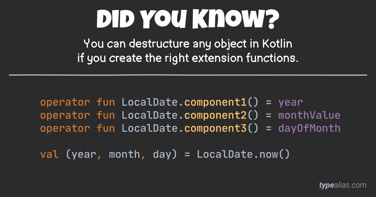 Did you know? In #Kotlin, you can destructure any object - even objects from third-party libraries! Just create operator extension functions for the components that you want.
