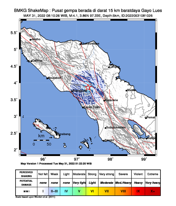 infoBMKG's tweet photo. #Gempa Mag:4.1, 31-Mei-22 08:10:26 WIB, Lok:3.86 LU, 97.33 BT (Pusat gempa berada di darat 15 km baratdaya Gayo Lues), Kedlmn:5 Km Dirasakan (MMI) III Gayo Lues #BMKG https://t.co/yFyzwC9Sd5