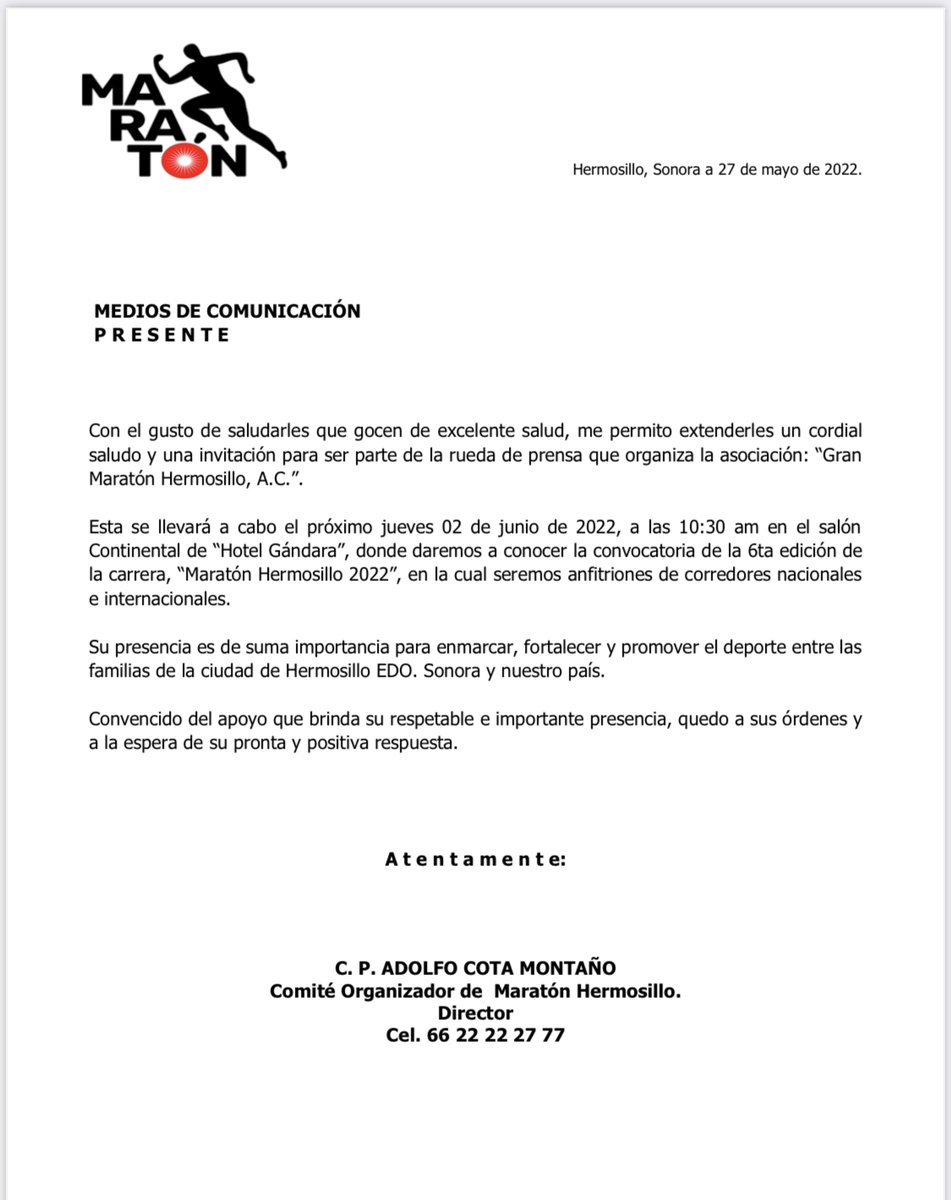 📢⚡️Por sexto año se realizará el Maratón Internacional de Hermosillo por lo que el comité organizador dará una rueda de prensa este jueves en el Hotel Gándara a las 10:30 de la mañana. 🏃🏃‍♀️🏃🏃‍♀️
