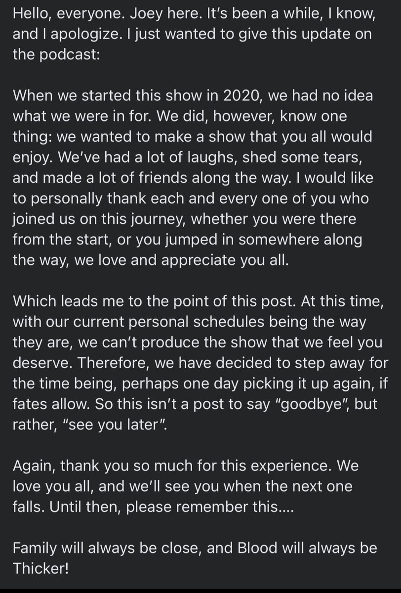 Hello, everyone. Here is the post that we put on Facebook earlier. Please read.

Thank you all for the love, the listens, and for just being awesome! You made it all worth it!

Family will always be close, and Blood will always be Thicker!