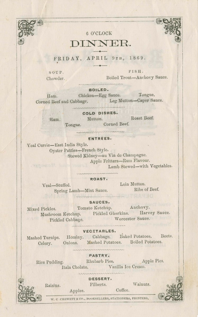 TorontoPast's tweet photo. The Rossin House Menu: 1869 - Toronto Public Library.
What would you choose for dinner ?
#toronto #torontopast #torontohistory #TOhistory #kingstw #yorkst https://t.co/r2Vg7aVCf5