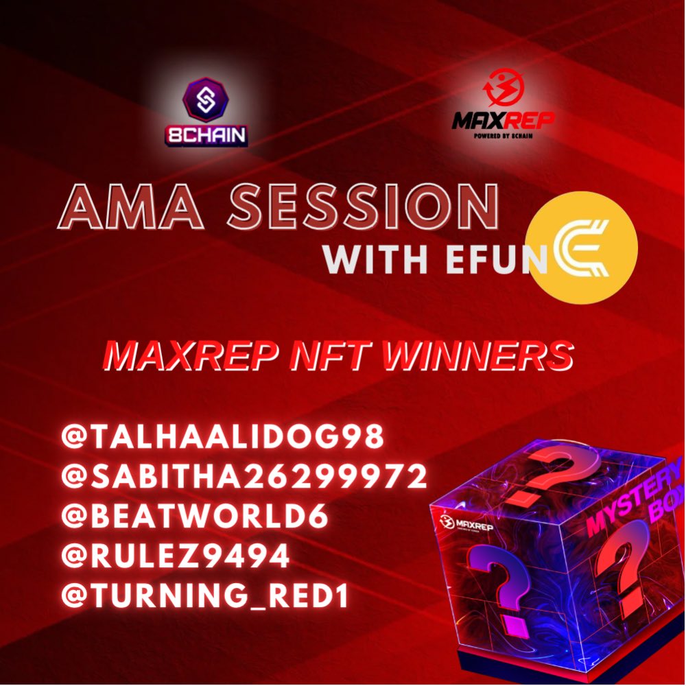 Thank you to all who joined us yesterday on our AMA Session with #EFun! Here are the list of the lucky winners of our MaxRep #NFTs!

Don’t miss out the chance to #mint and #workouttoearn!

Whitelist form: forms.gle/ed7HE8GJDKdqvX…

Discord: discord.io/8CHAIN

#NFTMinting