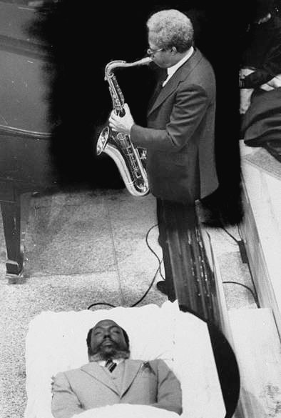 Charlie Rouse plays sax tribute at the funeral for Thelonious Monk at St. Peter's Lutheran Church, 54th St. and Lexington Ave.. (Photo by Dick Lewis) #jazz
#jazzgiants #jazzpiano
#tenorsax
