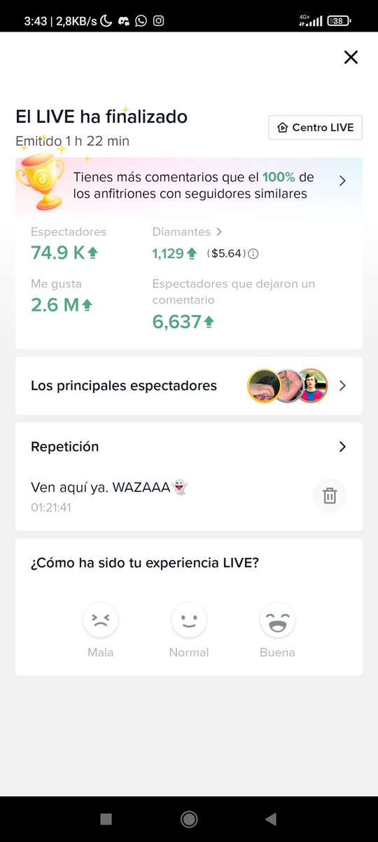 Locura de directo, con un pico de 5100 espectadores y 2.6 Millones de likes, muchísimas gracias de verdad❤️ UN SALUDOOOOO🤗