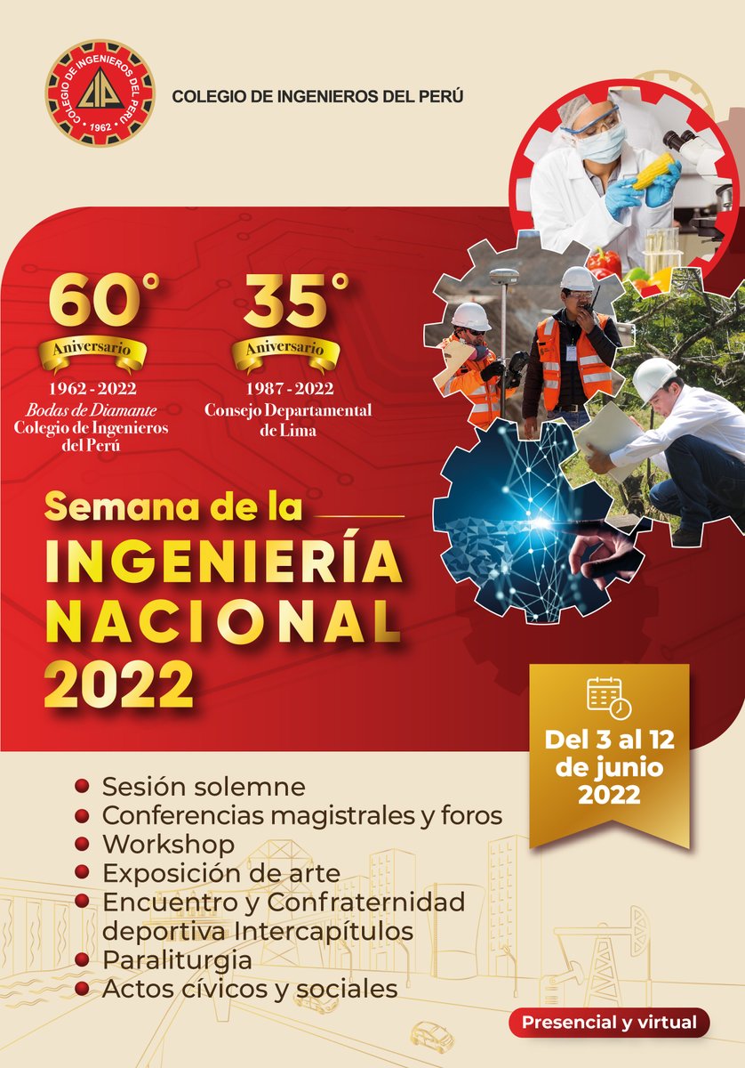 ciptvpe's tweet photo. Del 3 al 12 de junio, la ingeniería peruana estará de fiesta, al conmemorase 60 años de la creación del Colegio de Ingenieros del Perú, y 35 años del Consejo Departamental de Lima, y demás Consejos en toda la República. https://t.co/1KJCIzqA4k