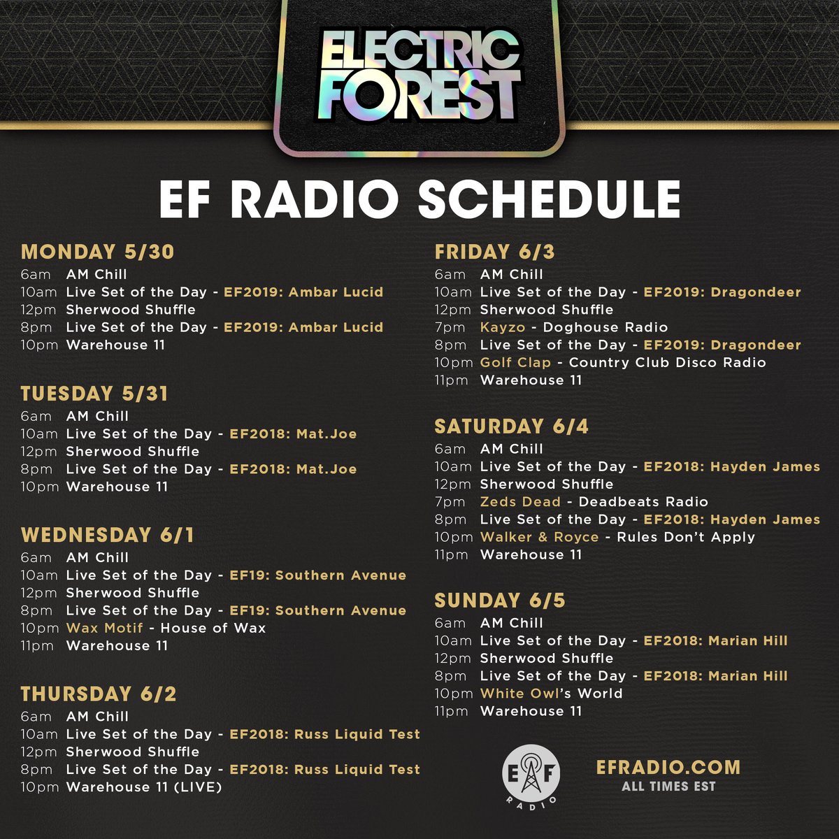 Electric_Forest's tweet photo. This week on @EForestRadio! 📻🌲

Tune in for #EF2018 &amp; #EF2019 sets from @DragondeerMusic, @MarianHillMusic and others, plus daily broadcasts of the AM Chill and Sherwood Shuffle, blocks from @KayzoMusic and @GolfClapDET, and more.

Hear it 24/7/365 at https://t.co/bpCBwX9BfI! https://t.co/ceYAaYoCdp