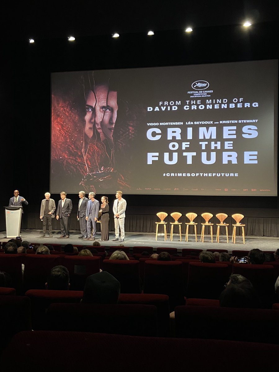 David Cronenberg, Robert Lantos, Viggo Mortensen, Don McKellar, Nadia Litz, and Scott Speedman speak with TIFF CEO, Cameron Bailey, at the North American premiere of Crimes of the Future.
