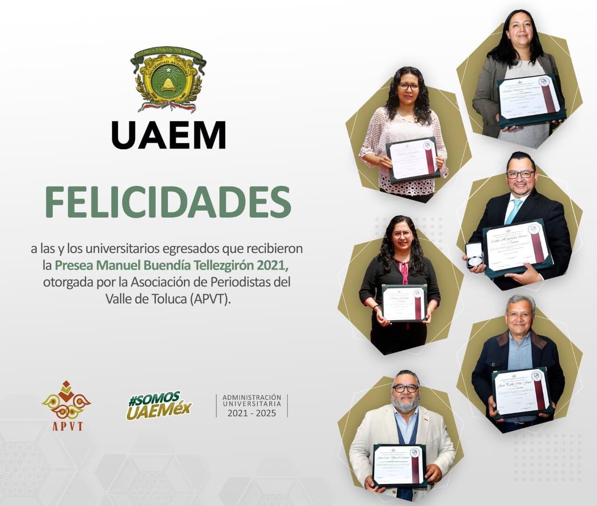 rgprofesional's tweet photo. @CarlosE_BDiaz Me uno a las expresiones de reconocimiento para destacad@s universitari@s, quienes por su talento y obra ponen en alto el nombre de nuestra Alma Mater, la @UAEM_MX: @VioletaHuertaL @Monserrat_MTC @claudiamhidalgo @Car_1os, Juan Padilla y @JC_Villarreal61 Presea de la #APVT ✅🙏🏼👏🏼 https://t.co/LzPbHaKfzk