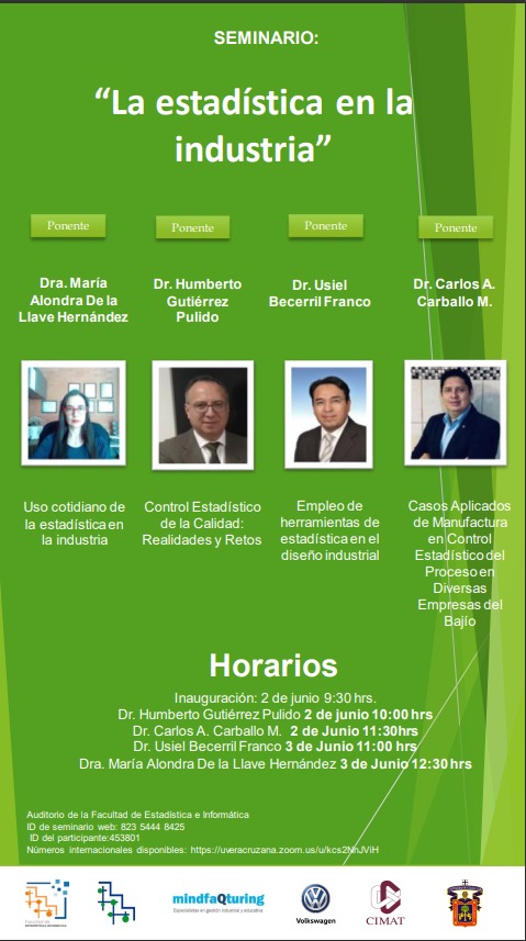 La facultad de estadística e informática te invita a participar en el seminario: "La Estadística en la industria" 📝📊💻
👉👉 Los días 2 y 3 de junio. 👇👇
ID de seminario web: 823 5444 8425 
ID del participante:453801
uveracruzana.zoom.us/u/kcs2NnJViH