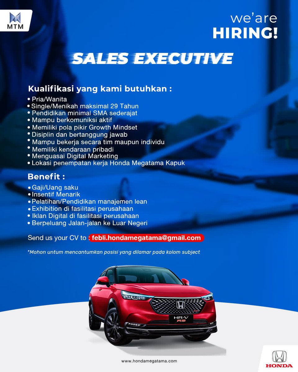 leana_95's tweet photo. Join us at Honda Megatama Kapuk as a Sales Executive! Send your CV to email below. See you! @hrdbacot #lokercot https://t.co/9yIkdxyCY4