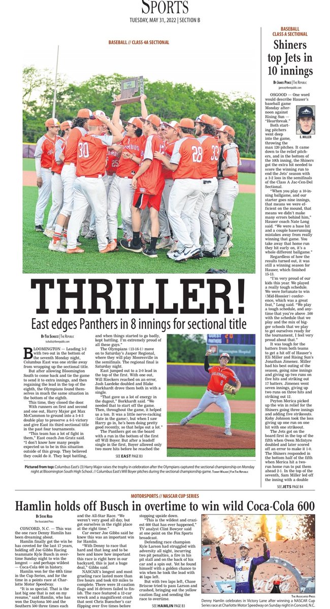 jpencesports's tweet photo. The Columbus East baseball team wins third sectional title in four years with a 6-5 win in eight innings over Bloomington South. They'll play Mooresville in the Jasper Regional on Saturday. Here's the front sports page of the Republic and the celebration. 📸 credit: Tommy Walker https://t.co/9Mnf1Aki1K