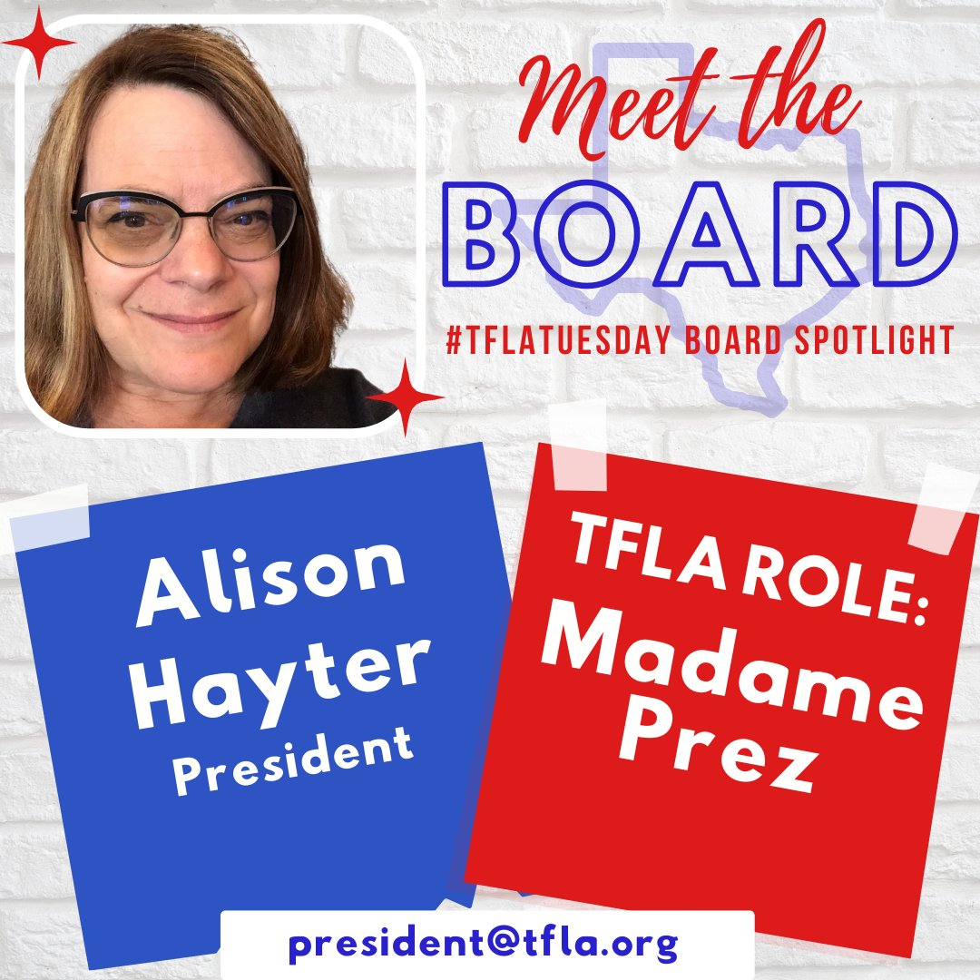 TFLA_Tweets's tweet photo. Today is #TFLATuesday! Meet our President, 
@mmehay! 
"TFLA has been my main Professional Learning Network through the years. The friendships I have maintained from my contact with TFLA are priceless." Help us thank Alison for all she does for #TFLA! #TFLATX #txwlteachers https://t.co/6hqjBAKdkk