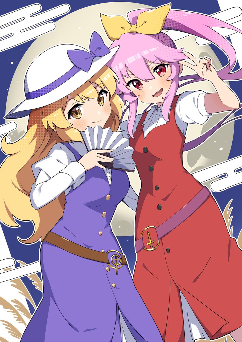 watatsuki no toyohime ,watatsuki no yorihime multiple girls 2girls blonde hair long hair hat belt dress  illustration images
