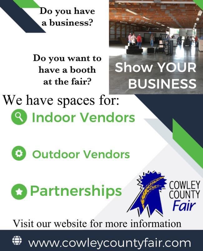 CowleyFair's tweet photo. Do you want to showcase your business at the Cowley County Fair? Here is your chance. Visit our website to see how to register as an indoor vendor, outdoor vendor or how to be one a 2022 Cowley County Fair partner. 

https://t.co/h1SoVcIZ03 https://t.co/JItybc7aRS