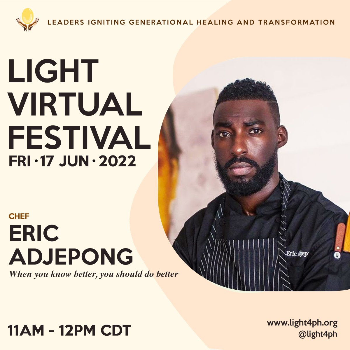 light4ph's tweet photo. Today we are announcing Chef Eric Adjepong @ChefAdjepong as a presenter for the 2022 LIGHT Festival! He will present from 11AM-12PM CDT. Register via the link in bio. #PublicHealth #Festival #LIGHTFestival2022 #Cooking #Healing #CulinaryArts #CulinaryWorkshop #ChefEricAdjepong https://t.co/w1BjeUrChy