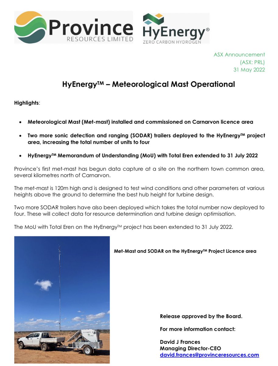 Province_ASX's tweet photo. Province Resources $PRL is pleased to give an update on our #HyEnergy project in Carnarvon #WA
Meteorological Mast installed & commissioned plus two more SODAR trailers deployed
Our MoU with Total Eren has been extended until 31st July
#GreenHydrogen #Wind #Solar #ESG https://t.co/d4VR9kXuKS