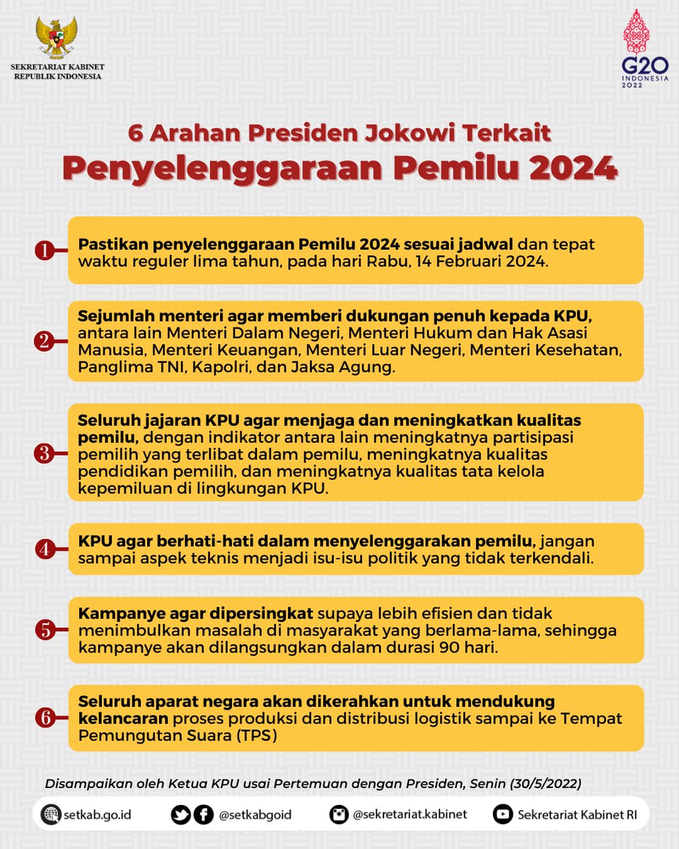 Senin (30/05/2022) kemarin, Presiden <a href="/jokowi/">Joko Widodo</a> menerima Ketua dan Anggota KPU yang melaporkan perkembangan penyelenggaraan Pemilu 2024.

Mari simak arahan Presiden <a href="/jokowi/">Joko Widodo</a> terkait hal tersebut!

#GrafiKabinet