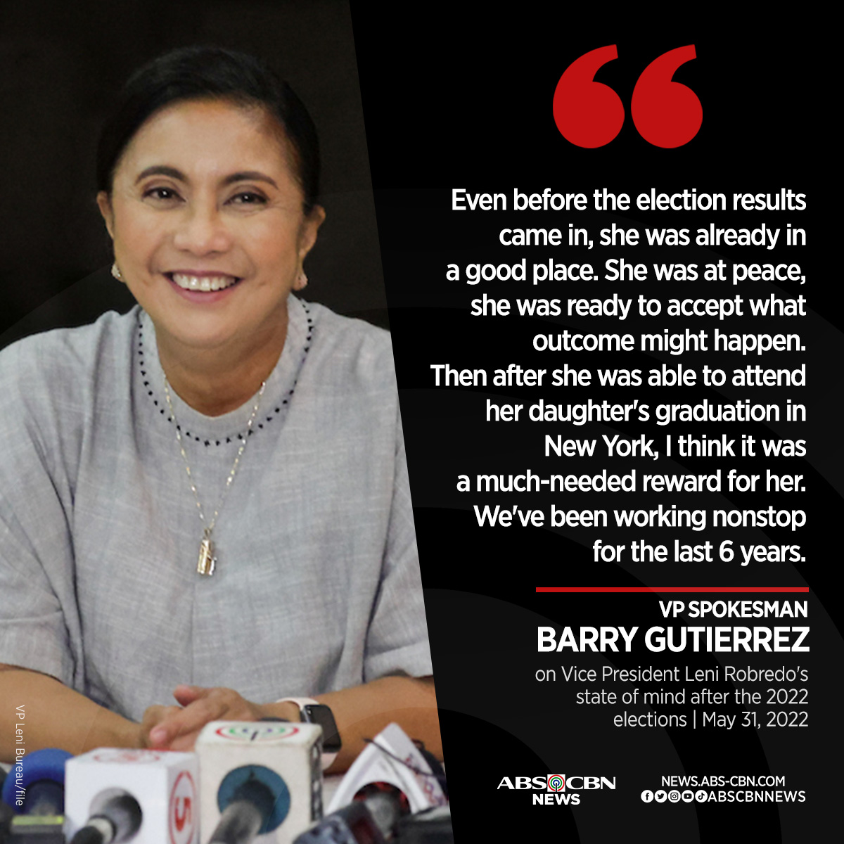 ABSCBNNews's tweet photo. Vice President Leni Robredo was already in a "good place" and "at peace" even before the election results came in, her spokesman Atty. Barry Gutierrez said. 

Robredo had placed second in the presidential race with 15,035,773 votes.

Read: https://t.co/nV4BB7OBOO https://t.co/rEdLaJlGqg