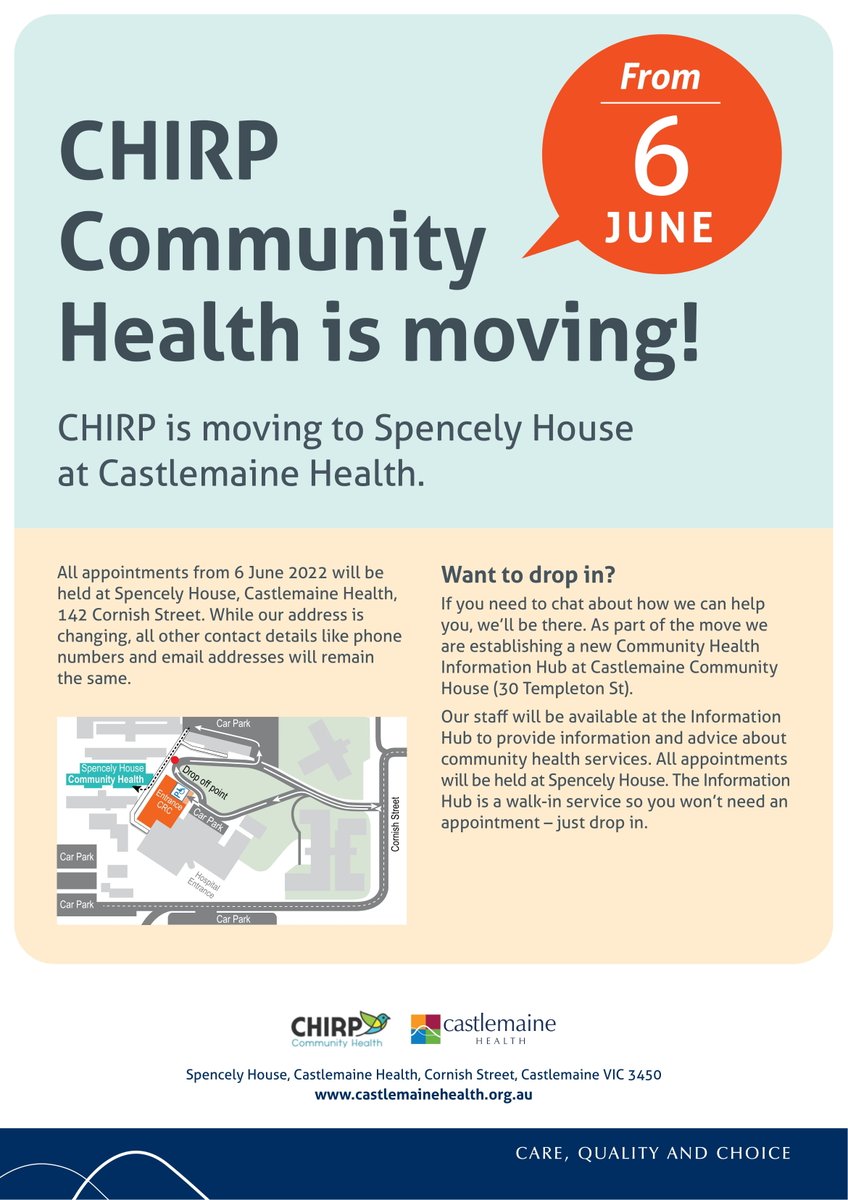 CHIRP Community Health is moving to Spencely House at Castlemaine Health.

Checkout our website to read the FAQ about CHIRP relocation: chirp.org.au/chirp-communit…