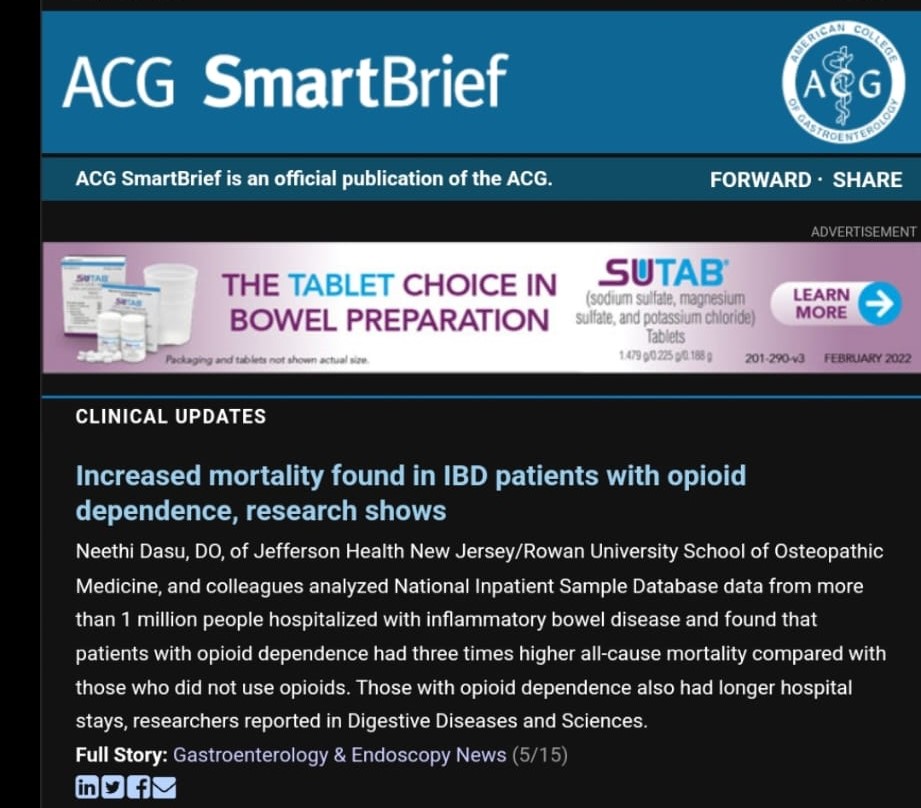 NeethiDasu's tweet photo. Excited about my research: presented at @CrohnsColitisFn 2022.
-> increased mortality,LOS and charges seen in patients with IBD + Opioid use. https://t.co/jpFjI3WR7K

@gastroendonews @yaserkhalidDO @AmCollegeGastro @ibdcedarssinai 
Research team: Brian Blair and C Jonathan Foster https://t.co/aUiWOJkwnY