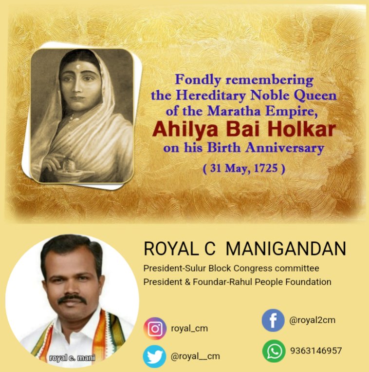 royal__cm's tweet photo. Fondly remembering
the Hereditary Noble Queen
of the Maratha Empire, 
Ahilya Bai Holkar
on his Birth Anniversary. @DrAChellaKumar @manickamtagore @ThiruArasarINC @PChidambaram_IN @KartiPC @K_T_L @ManoharanVMC @Namathusulur @RPF_RahulPeople @sulurcongress @tamilnadukkc https://t.co/viaFPiysNk
