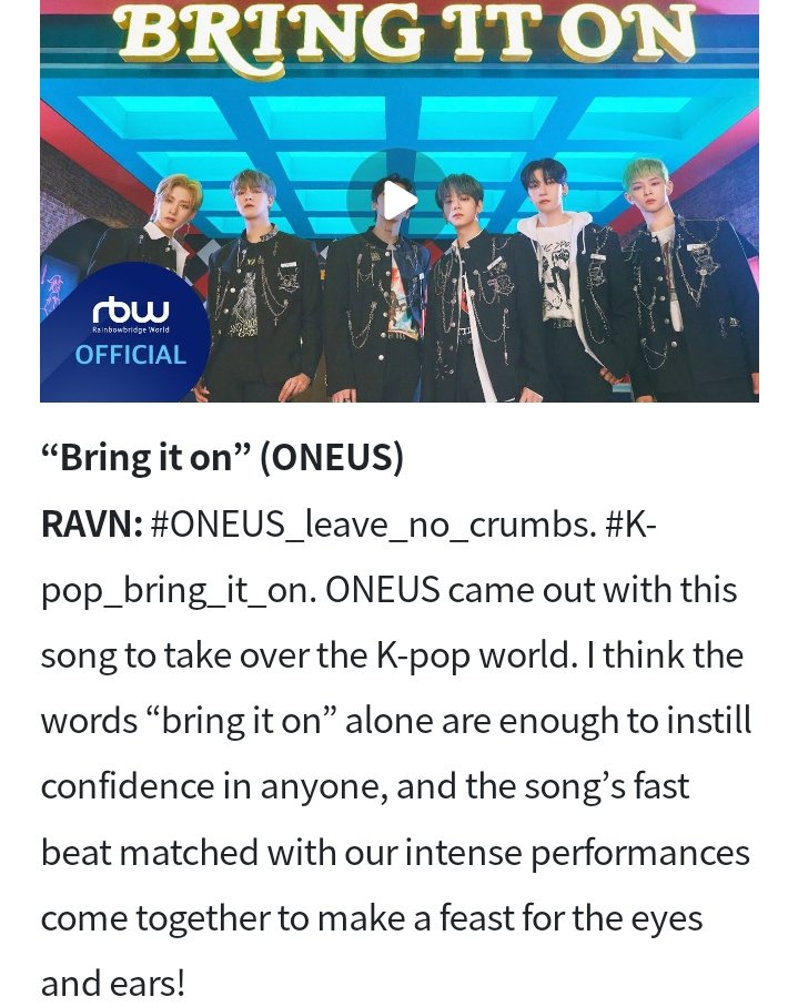 filesrv9's tweet photo. [220531] WEVERSE MAGAZINE
(ONEUS’ playlist
The endless sprint of ONEUS)

“Bring it on” (ONEUS)

🐱: ONEUS came out with this song  to take over the K-pop world https://t.co/ASXw1YhIhZ
