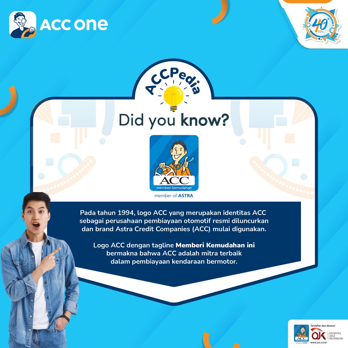 acconeid's tweet photo. Pada 1994, brand ACC (Astra Credit Companies) beserta logo dan tagline "memberi kemudahan" mulai dipakai untuk mendukung proses bisnis loh!
Menarik bukan? Nantikan giveaway yang gak kalah menarik, tanggal 4 Juni 2022!
#40thACC
#ACCPedia
#ACCWujudkanImpian
#KreditMudahDenganACC https://t.co/a2cP76NPE8