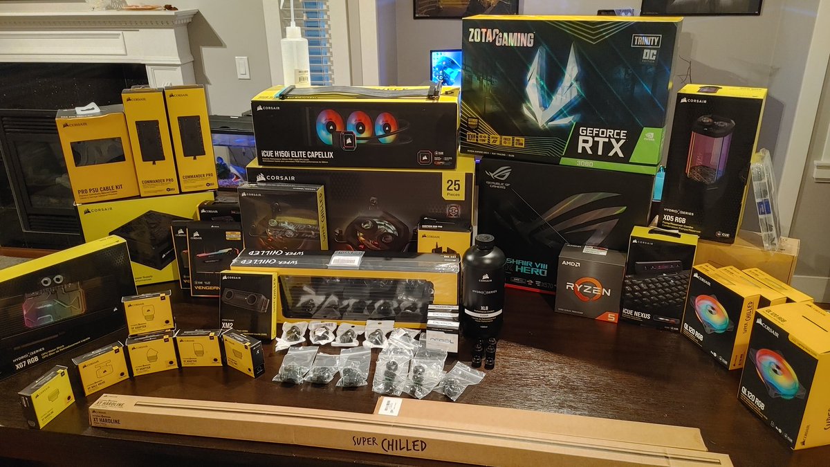 Tim_Galbraith's tweet photo. @CORSAIR, I have a little bit of an obsession! Getting ready to build a work of art with as much corsair hydro x series that I could get my hands on. Excited for this hardline loop in the 5000d Airflow. My current build on the left. Will post photos when finished. I love Corsair! https://t.co/wx464wy3Wf