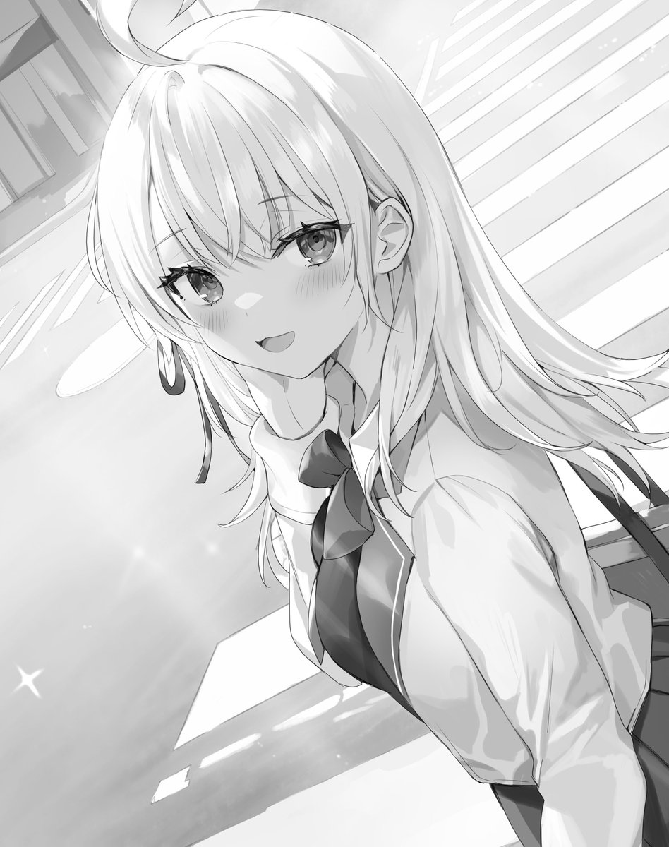 1girl monochrome greyscale solo looking at viewer smile ahoge  illustration images