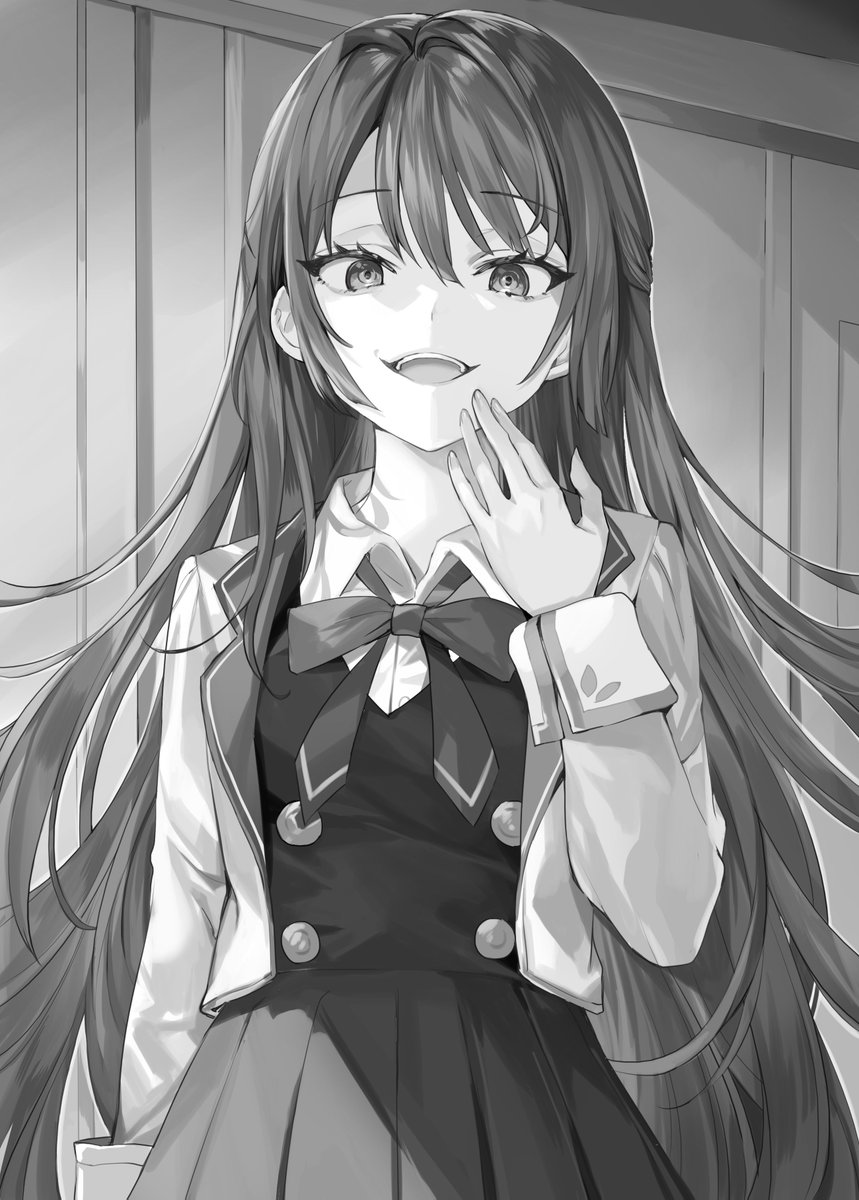 1girl greyscale monochrome long hair solo smile looking at viewer  illustration images