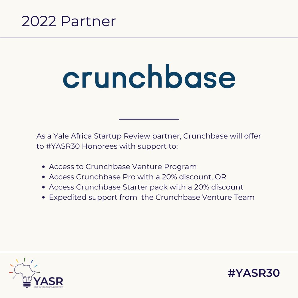 Excited for our partnership with @Crunchbase Venture Partner Program! @Crunchbase is the leading provider of private-company prospecting and research solutions w/ 55 million users. #yasr30 #africa #africanstartups #africantech