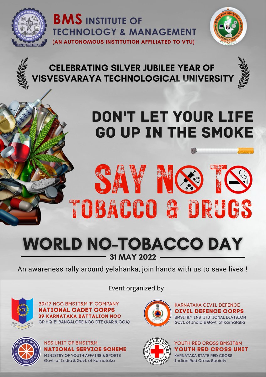 nccbmsit's tweet photo. WORLD NO-TOBACCO DAY 2022
39 Karnataka Battalion NCC along with students of BMSIT&M organized an awareness rally around Yelahanka, Bangalore educating the public on Drug Abuse and hazards of Tobacco consumption.
#SAVETHEYOUTH #NCCBMSIT #39KAR
@Dte_kargo
@HQ_DG_NCC https://t.co/KoOkaILNjx