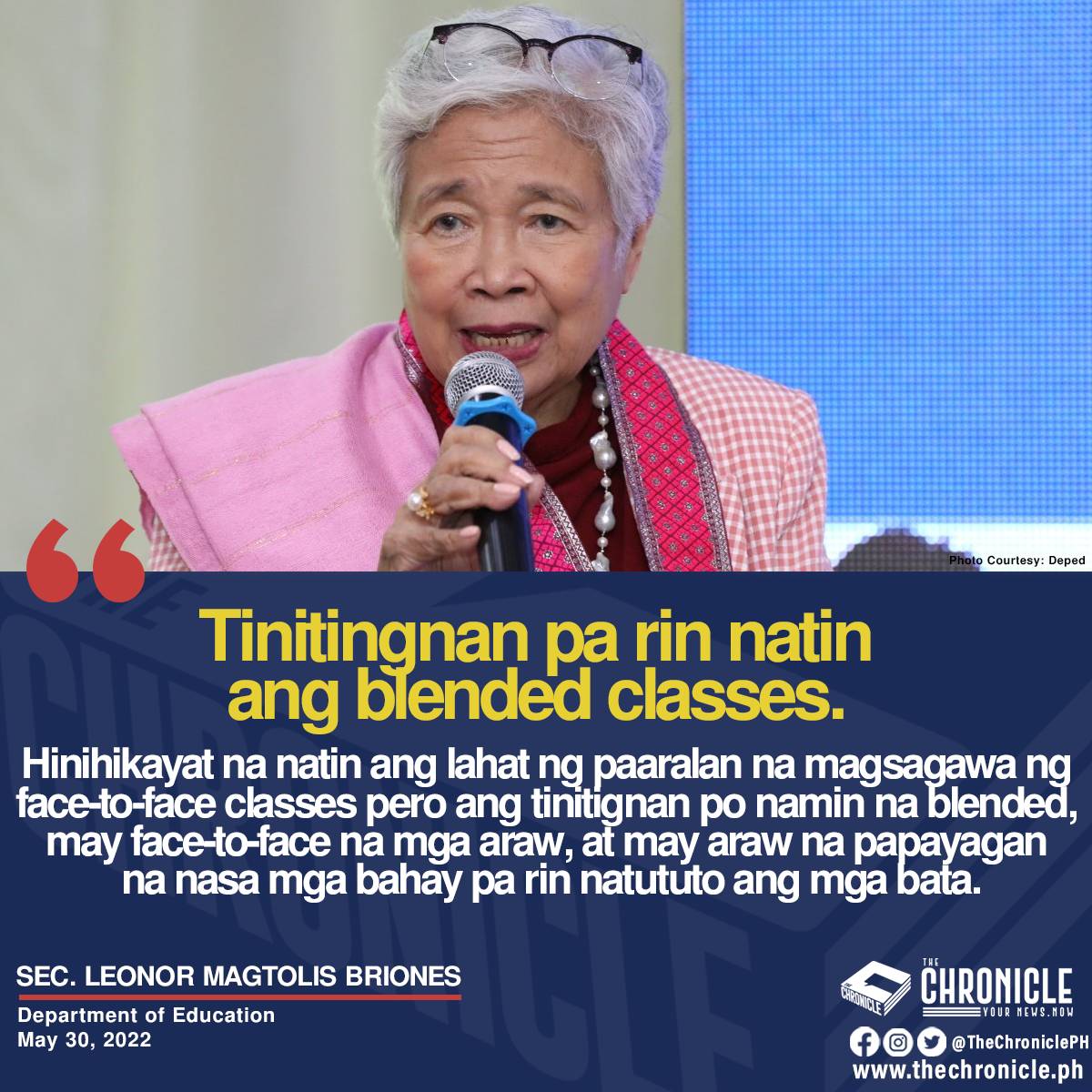 thechronicleph's tweet photo. Patuloy sa paghihimok ang DepEd sa mga paaralan na makiisa sa pagbabalik ng face-to-face classes sa susunod na taon. Ayon kay DepEd Sec. Leonor Briones, pinag-aaralan na ng ahensya kung paano ang magiging sistema ng planong ‘blended learning.’

#TheChronicle #YourNewsNOW https://t.co/xGGYFOXVtu