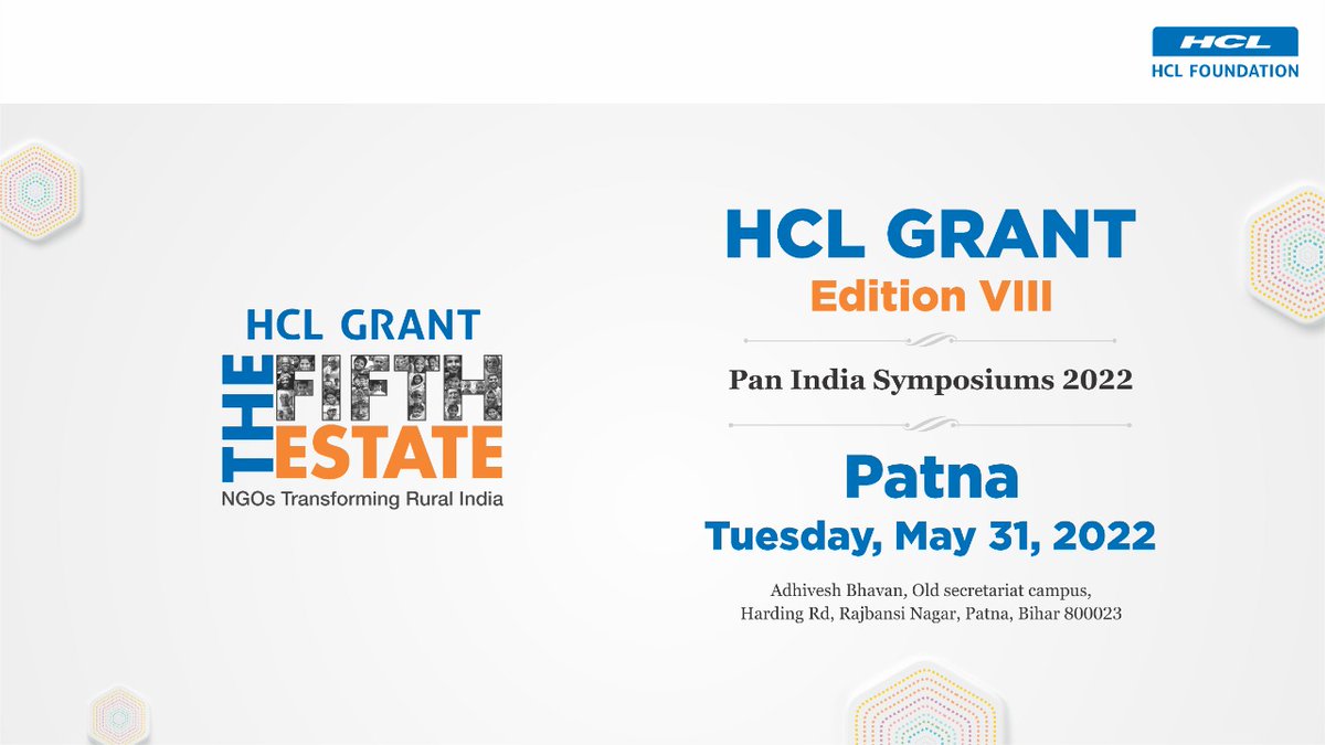 HCL_Grant's tweet photo. #HCLGrant is coming up with its 6th Symposium of Edition VIII Pan India Symposium Series today in Patna!
The session will also be LIVE streamed from 10 AM to 4 PM!
https://t.co/rVyTUF7lsy
Look forward to your physical as well as virtual participation!
#CSRforNationBuilding https://t.co/l0VNGv9dI5