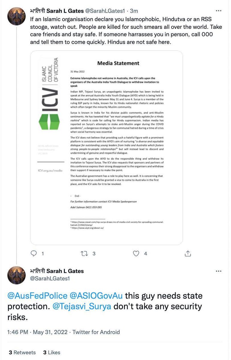 mjdutt's tweet photo. This is the key handle perpetuating #Hindutva disinformation and hate in Australia and New Zealand. Given the Islamophobia in Australia evident in the #ChristchurchTerrorAttack, what are Australian authorities going to do to prevent the proliferation of this hate? https://t.co/WfIvRm4HZ7