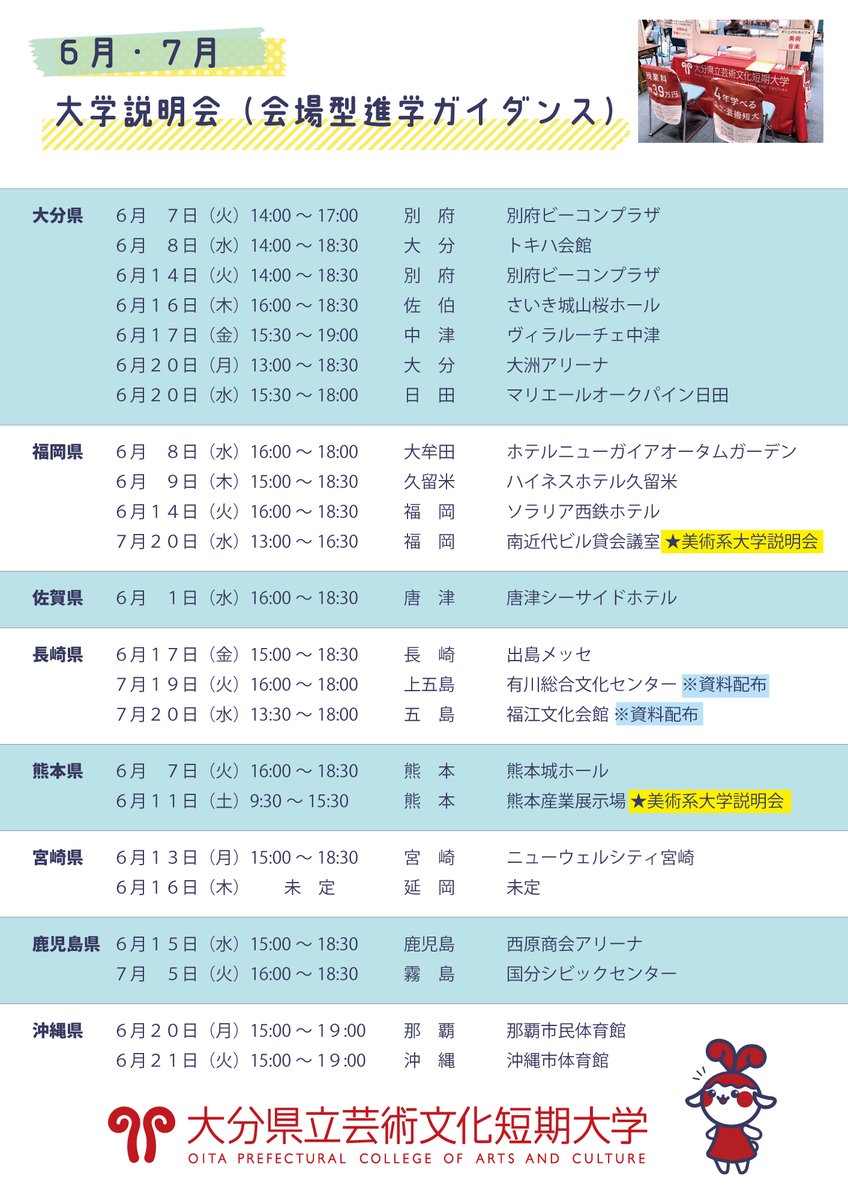oitageitan's tweet photo. 【本学への受験をご検討の皆さまへ】
６月・７月の九州各地の進学ガイダンス情報をお知らせします。
※一部資料配布のみの会場もございます

🔽詳細はこちらから
https://t.co/E02nbq7oPX

#大分県立芸術文化短期大学
#芸文短大 #入試 #入試情報 #進学ガイダンス https://t.co/HuCxn7Hmyj