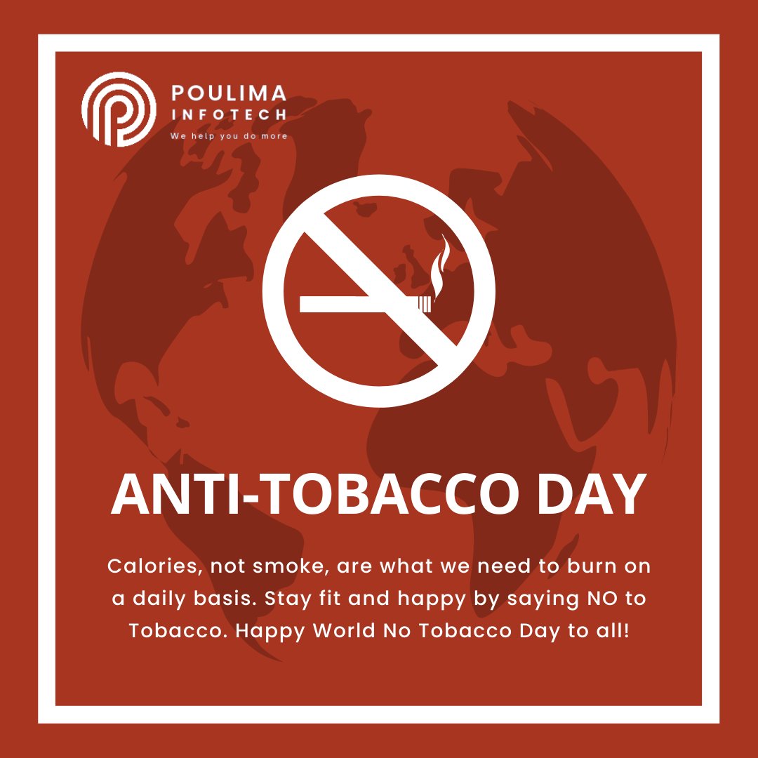 Poulimainfotech's tweet photo. May 31st, 2022 - World No-Tobacco Day

Calories, are what we need to burn on a daily basis not smoke,. Stay fit and happy by saying NO to Tobacco. Happy World No Tobacco Day to all!

#smokefree #smokefreelife #r2bsmokefree #smokefreecloudhappy #NoTobaccoDay  #smokefreelifestyle https://t.co/G4Pkf0jbYP