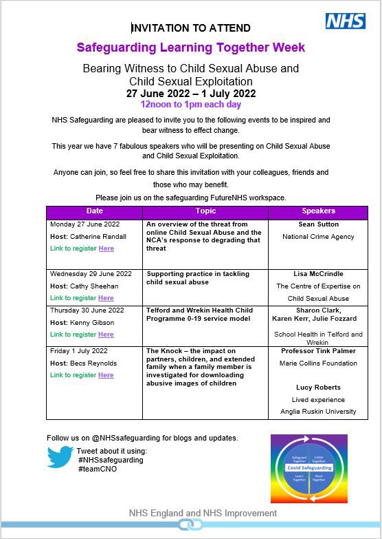 <a href="/RoseEmpower/">Rose</a> <a href="/Lads_Like_Us/">Lads Like Us</a> <a href="/KellyShort84/">Kelly Short</a> <a href="/RandallCath/">#Hello MNI Catherine 💚💚💚</a> @SAPHNAsharonOBE <a href="/Nurse_jen/">jennie Bainbridge</a> <a href="/SarahCerioli/">Sarah Cerioli 💙💛</a> <a href="/BecksMcGeown/">Rebecca McGeown</a> <a href="/kellymarsden2/">Kelly Marsden (RN, DN)</a> <a href="/JamieWaterall/">Prof Jamie Waterall RN</a> <a href="/PhilipWinterbo1/">Phil Winterbottom</a> <a href="/S3bster/">S3bster ツ</a> <a href="/KathEvans2/">🌟 Kath Evans RGN RSCN 💙💛</a> <a href="/MmLawrence_/">Michele Lawrence RN RHV MSc MPH</a> <a href="/acserrao76/">♿️🏳️‍🌈Cristina Serrão she/her 🇪🇺🇵🇹🇸🇳🇬🇼</a> <a href="/GillCobham1/">Gill Cobham</a> @65rigsby @RavinderKondel <a href="/NHSsafeguarding/">NHSsafeguarding</a> <a href="/DavidLeanLeano/">David Lean</a> <a href="/suzannesmith28/">suzanne smith</a> <a href="/VivJBennett/">Viv Bennett CBE</a> <a href="/joycefletcher18/">Hellomynameis Joyce</a> <a href="/figrossick/">Fiona Grossick</a> @CNOEngland <a href="/HilaryGarratt/">Professor Hilary Garratt CBE,RN,HV, PhD (Hon),MSc</a> <a href="/BecsReynoldsNHS/">HelloMyNameIs Becs (RM)</a> <a href="/MAAPPUK/">Safeguarding toolkit for families @ practitioners</a> <a href="/MidwivesRCM/">Royal College of Midwives 💙</a> <a href="/iHealthVisiting/">iHV</a> <a href="/Chelleefarnan/">Chelle Farnan (She/Her)</a> <a href="/CathySheehan8/">Cathy Sheehan</a> <a href="/SmithPennyNHSEI/">#HMNI is Penny Smith Nurse .</a> <a href="/EssParent/">Essential Parent</a> <a href="/KNFMHBV/">Karma Nirvana</a> <a href="/safelives_/">SafeLives</a> @StopItNowUK <a href="/anneliese_ht/">Anneliese HT 🐾👣</a> <a href="/teamCNO_/">teamCNO 💙</a> <a href="/MSHelpline/">Modern Slavery & Exploitation Helpline</a> <a href="/LizzyEJRat/">Elizabeth Ratcliffe</a> <a href="/JoanneJJH/">Joanne</a> <a href="/safeguardingGP/">Joy Shacklock</a> <a href="/NNDHP/">NNDHP</a> @our_MoH <a href="/samshar78991232/">sam sharp</a> <a href="/RichardDevineSW/">Richard Devine</a> <a href="/NNECA_/">NNECA - National Network to End Child Abuse</a> <a href="/NSPCC/">NSPCC</a> <a href="/NHSsafeguarding/">NHSsafeguarding</a> would like to introduce our next learning together week 27th June to 1st July where we bear witness to child sexual abuse and child sexual exploitation. Join us #NHSSafeguarding