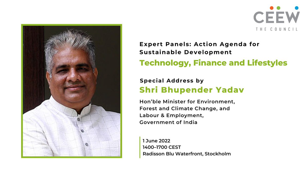 1⃣ day to go!

Join us in Stockholm with <a href="/ChallengesFnd/">Global Challenges Foundation</a> as we discuss the role of technology, finance &amp; lifestyles in accelerating #sustainabledevelopment. 

<a href="/byadavbjp/">Bhupender Yadav</a> will also deliver the special address!

Register👉 ceew.in/events/expert-…

<a href="/ShuvaRaha/">Shuva Raha 🇮🇳</a> <a href="/pray_jn/">Prayank Jain</a> <a href="/GhoshArunabha/">Arunabha Ghosh</a>
