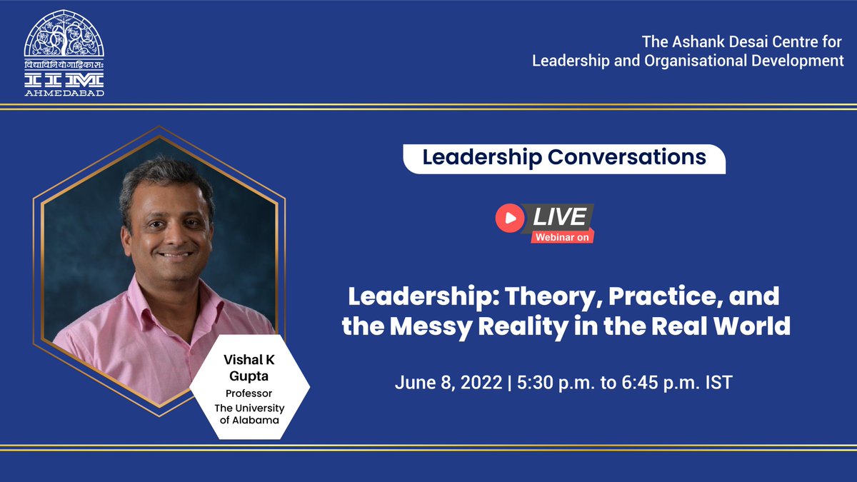 IIMAhmedabad's tweet image. The @AdclodA invites you to attend the Leadership Conversation webinar on ‘Leadership: Theory, practice, and the Messy Reality in the Real World’ by Prof Vishal Gupta.

Register at iima.zoom.us/webinar/regist…

#leadership #leadershiptheory #practiceleadership #leadershiplearning