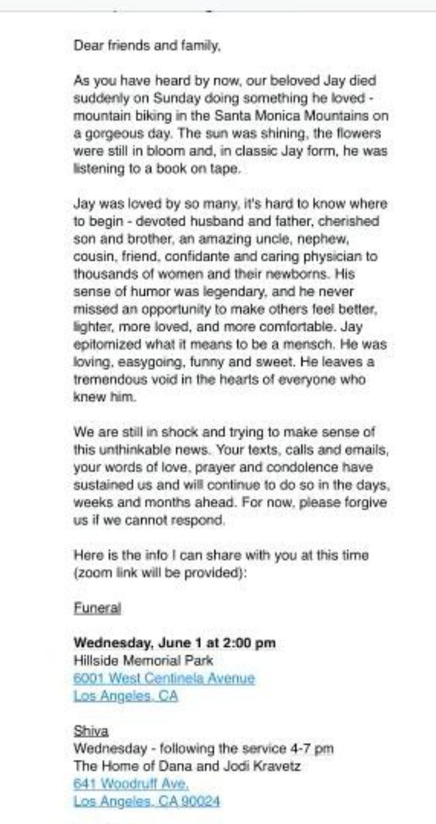 Dr. Jay Goldberg, Ob/Gyn at <a href="/CedarsSinai/">Cedars-Sinai</a> was a great man and a real mensch! In great shape too! 😢 Passed away while biking at Will Rogers State Park.  #BDE