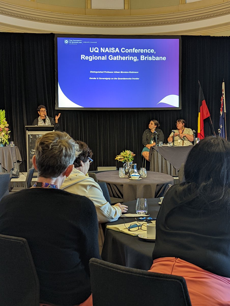 Distinguished prof, Aileen Moreton-Robinson @QAmity discussing gender & sovereignty at @NAISA__  regional gathering in Meanjin, seeing colonial structural discourses as elimination + dispossession of Indigenous women worldwide. #NAISA22 @atsisuq  #AcademicTwitter #BlakExcellence