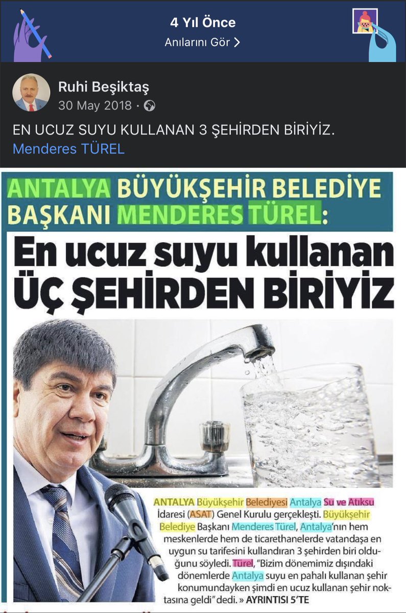 Yıl 2018 Menderes Türel başkanımız zamanında Antalyamız Türkiye’nin en ucuz  suyunu kullanan 3 şehirden biri iken,

Yıl 2022 Türkiye’nin en pahalı suyunu kullanan ilimiz ANTAYLA..

Evet bu güzel hizmetinden dolayı hep beraber bir ALKIŞ tutalım mı sayın BÖCEĞE ne dersiniz !!