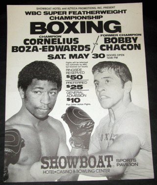 MatthewAguilar5's tweet image. 41 years ago May 30: Cornelius Boza-Edwards stops Bobby Chacon in 13, retains WBC 130lb title, Showboat LV. Final bell appears to ring for former featherweight champ, 29-year-old “Schoolboy,” who puts up heated battle before fading against younger, fresher champ.