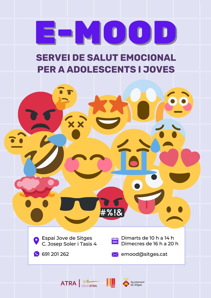 AjSitges's tweet photo. L’Ajuntament posa en marxa l’E-Mood, un servei gratuït de salut emocional per a adolescents i joves.

Una psicòloga ofereix assessorament des de l’@EspaiJoveSitges dos dies a la setmana.

👉Cita prèvia:
📧emood@sitges.cat 
📲Whatsapp al 691201262

https://t.co/6EQoZenf5X https://t.co/CwrZokEmtz