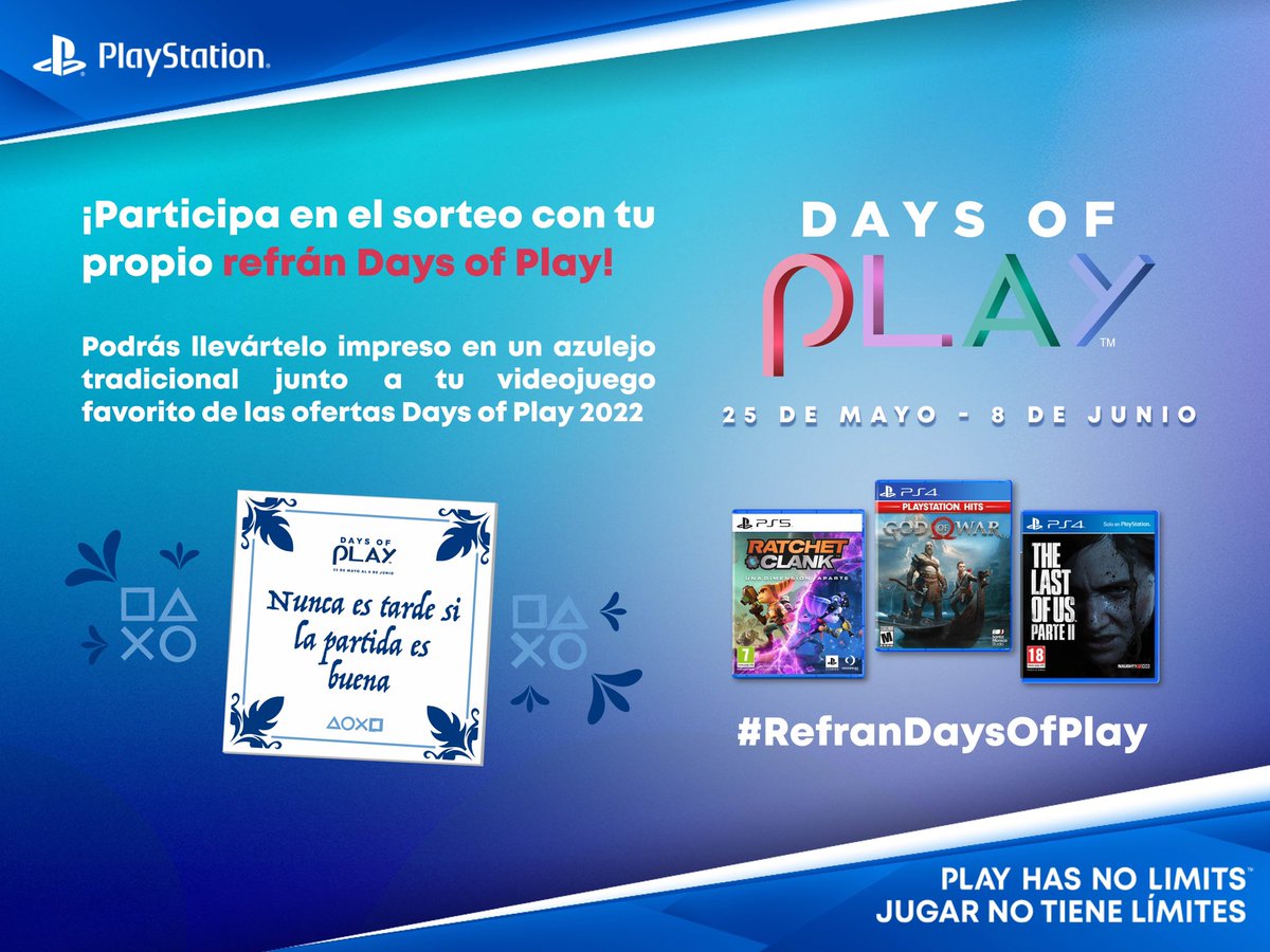 Areajugones's tweet photo. 🎉 SORTEO DAYS OF PLAY 🎉

✅ Sigue a @Areajugones y haz RT
✅ Responde con #RefranDaysofPlay ¿Cuál sería tu adaptación de refrán popular si lo tuvieses que vincular a los Days of Play 2022?

🎁 Azulejo con la frase ganadora + videojuego Days of Play a elegir https://t.co/pTRH6IUFHz